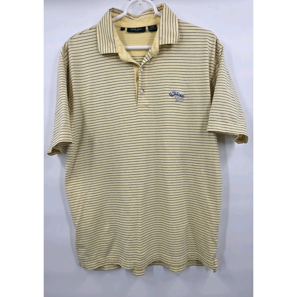 BOBBY JONES TORREY PINES GOLF POLO MENS‎ MEDIUM YELLOW GRAY STRIPED COURSE SOFT